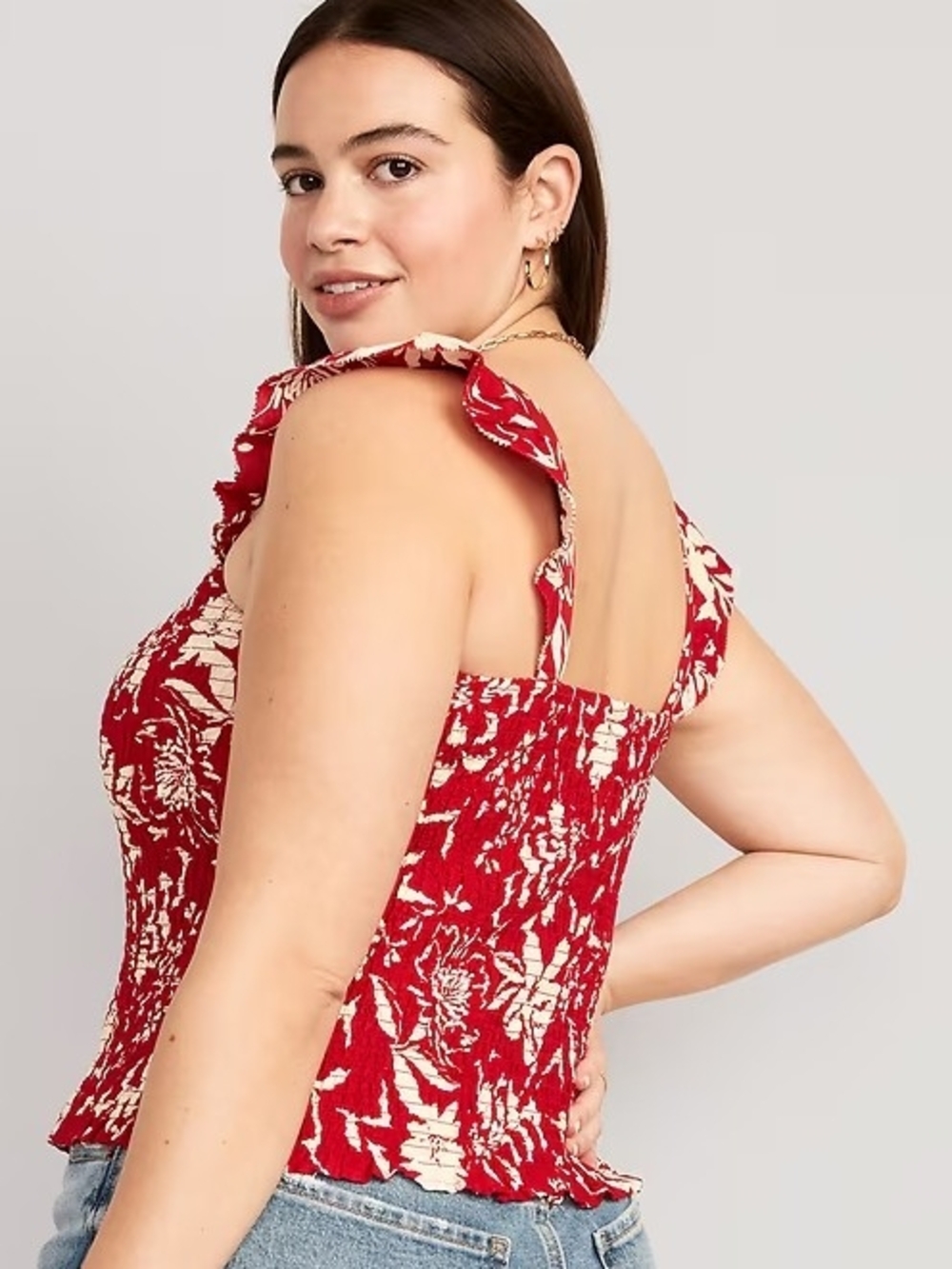 Old Navy Red Floral Square Neck Smocked Elasticized Ruffle Strap Tank Misses L - Picture 2 of 8